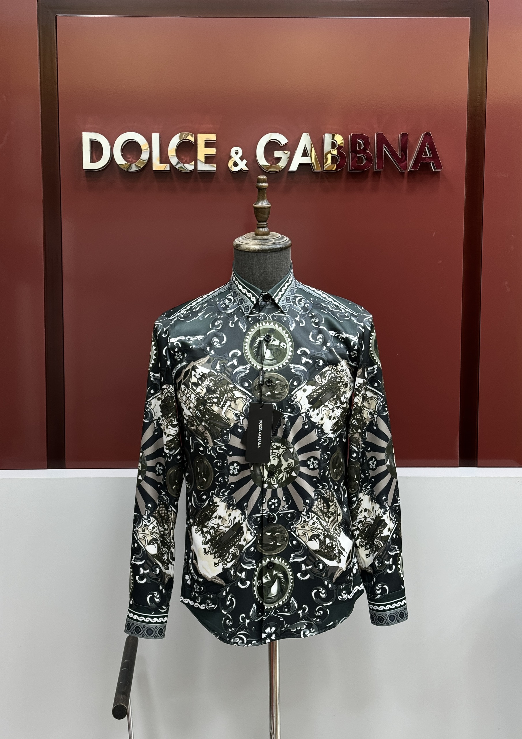 Áo sơ mi dài tay Dolce Gabbana DG Xanh rêu họa tiết hoa văn ngựa Like Auth on web CD